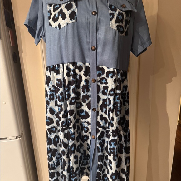 Blue Leopard Print Button-Down Dress - Picture 2 of 7